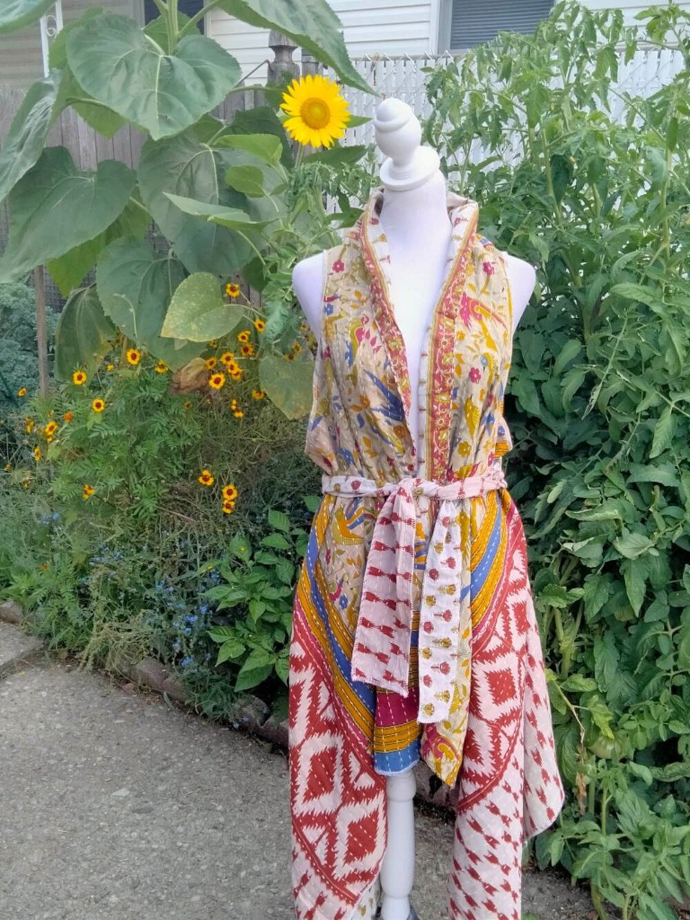 Women Handmade One Of A Kind Reversible 3 Piece Kantha Vest Set W Scarf & Belt